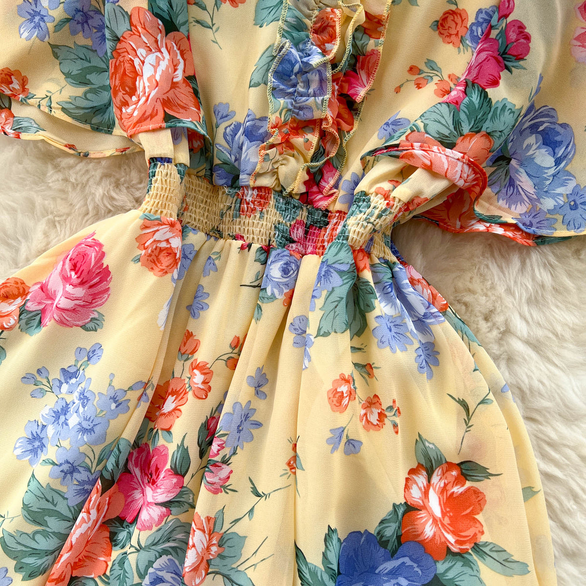 Mori Flared Sleeve Floral Chiffon Dress