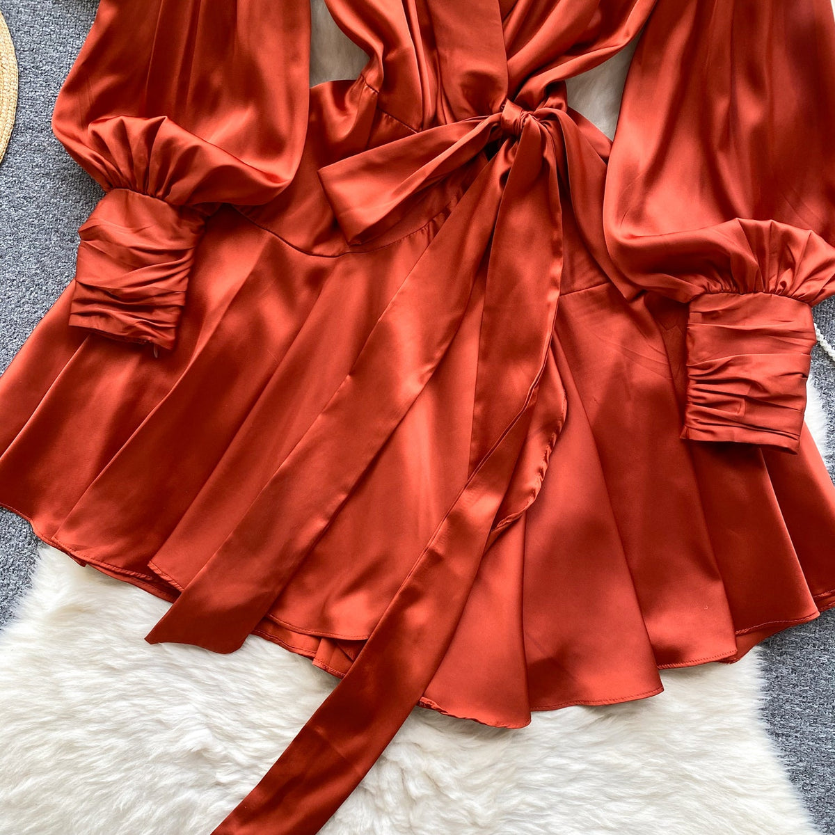 French Style V-neck Satin Wrap Dress