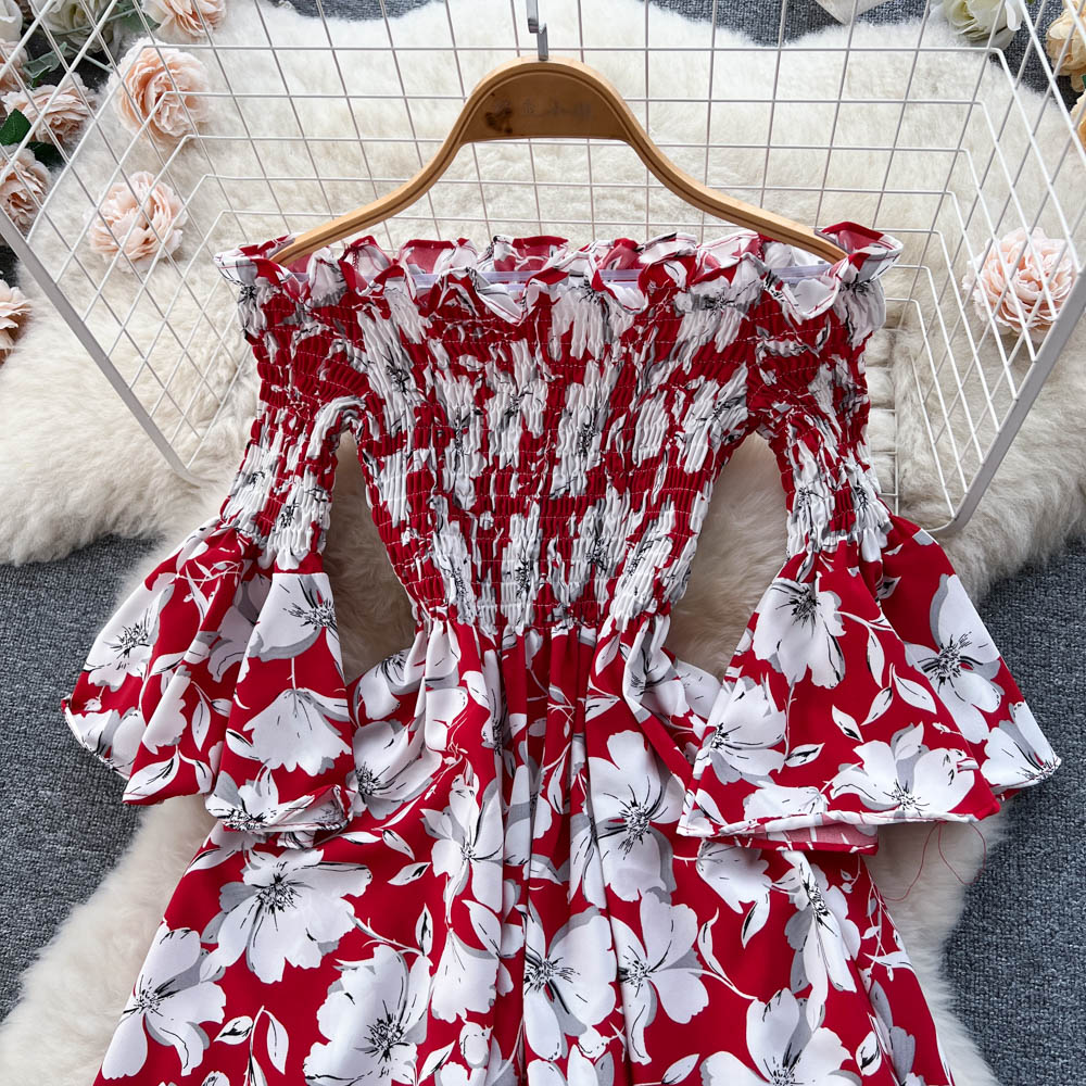 Off-shoulder Flared Sleeve Floral Dress