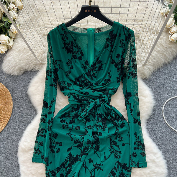 Elegant Lace-up Floral Printed Dress