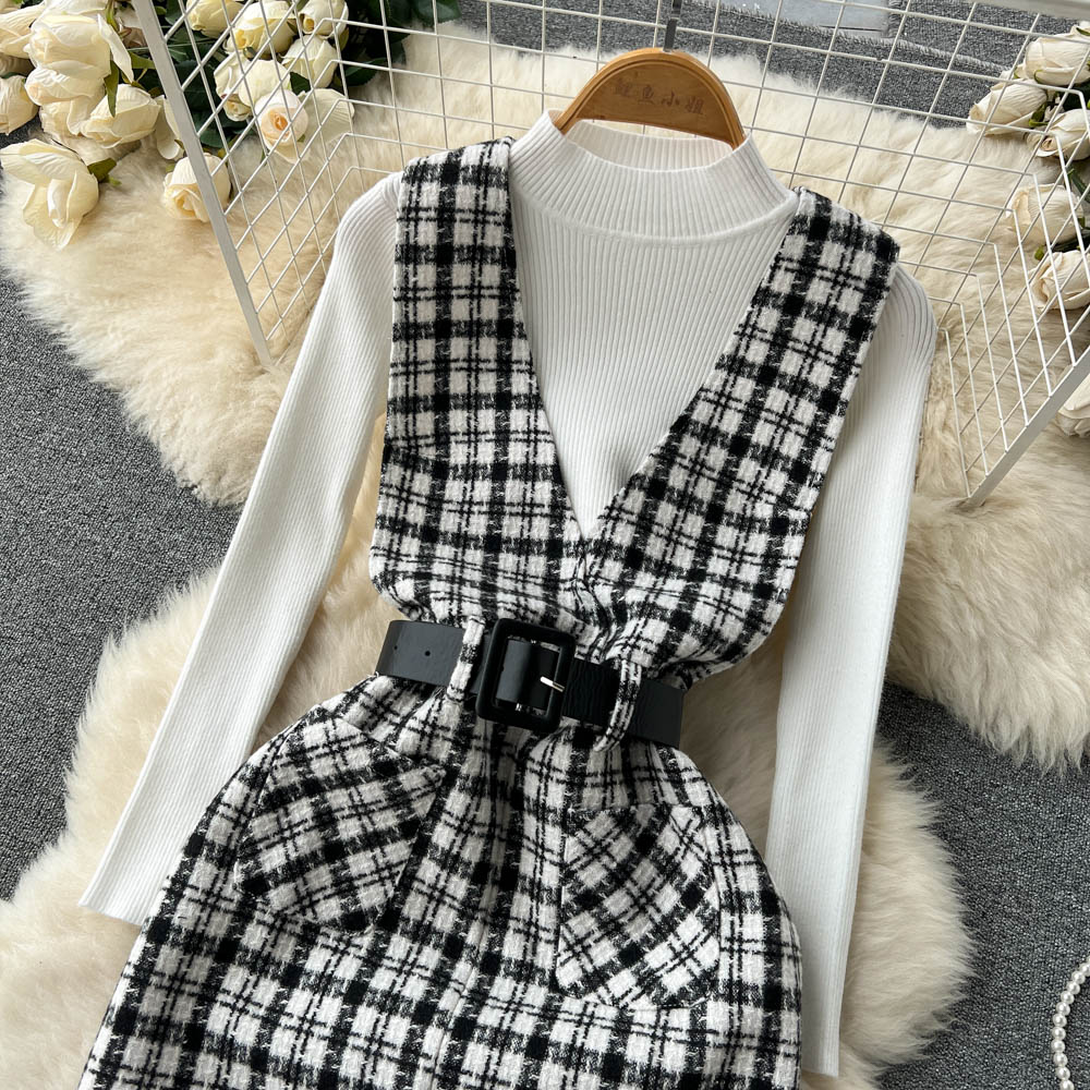 Bottom Sweater&Houndstooth Strappy Dress 2Pcs