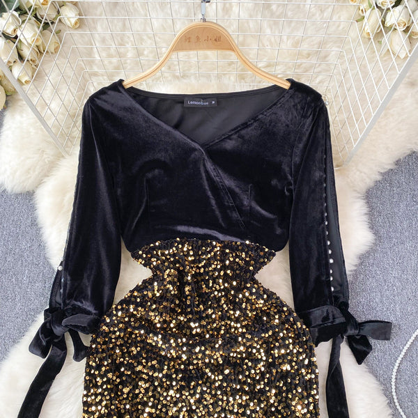 Elegant Sequin Patchwork Velvet Dress