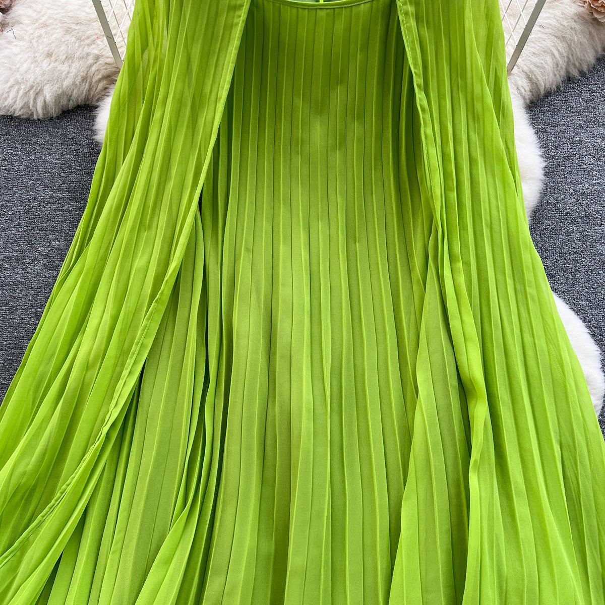 Solid Color Pleated Cape Dress