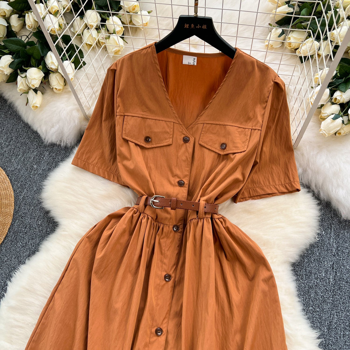 Korean Style Single-breasted Shirt Dress