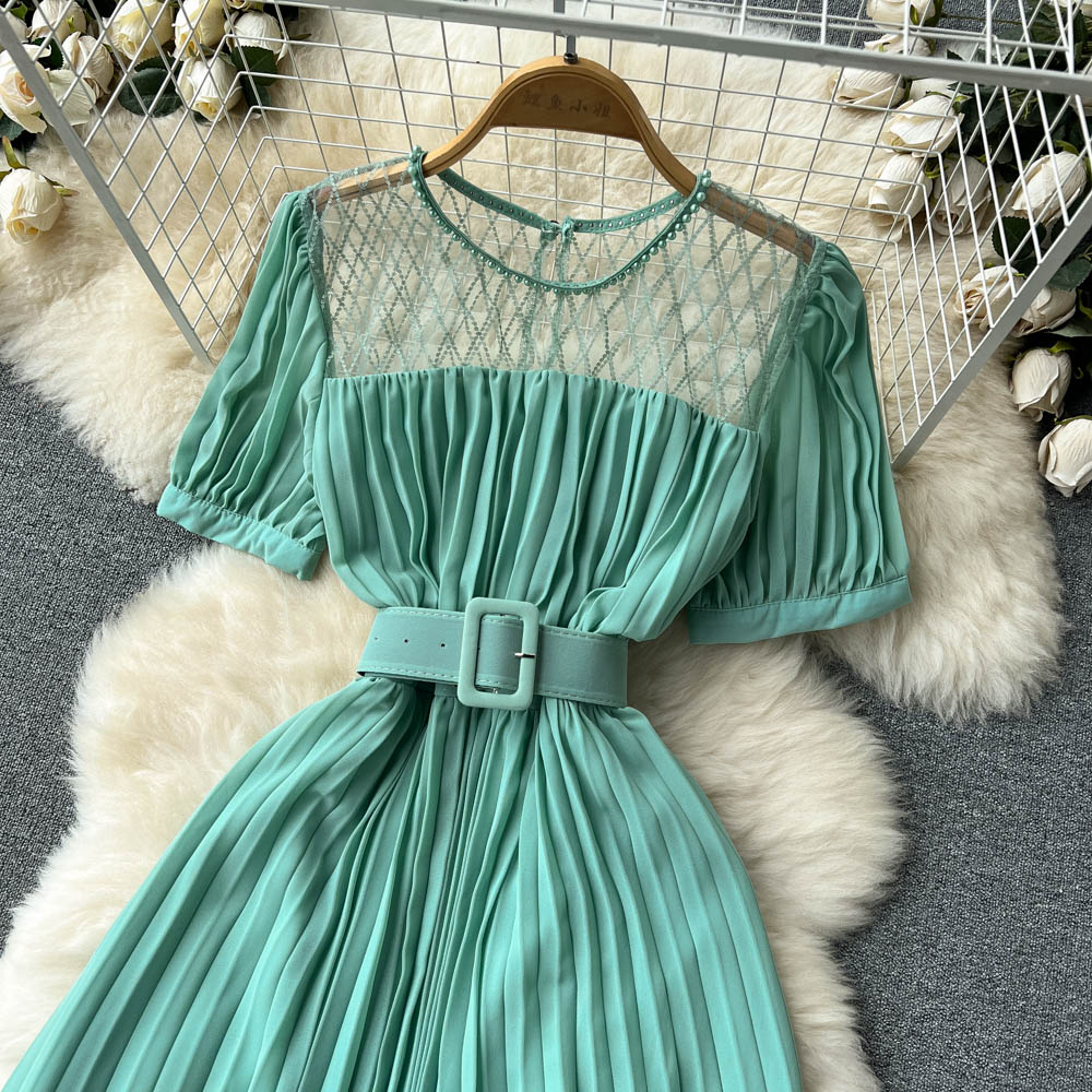 High Waist Tied Chiffon Pleated Dress