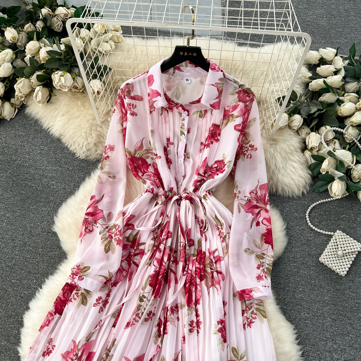 French Style Floral Chiffon Shirt Dress