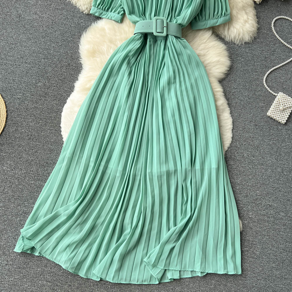 High Waist Tied Chiffon Pleated Dress