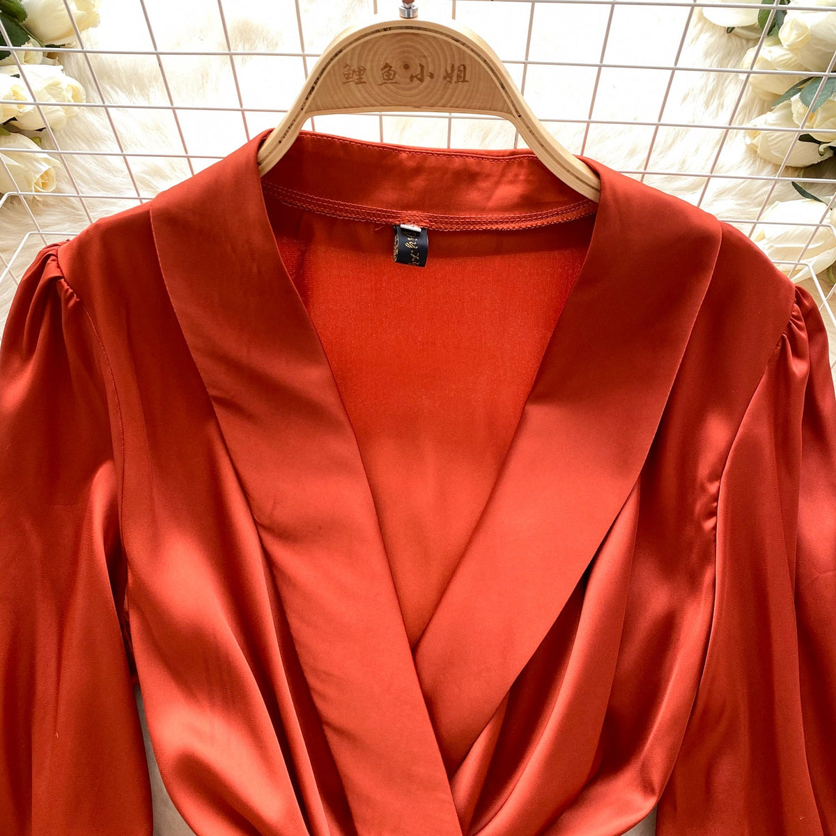 French Style V-neck Satin Wrap Dress