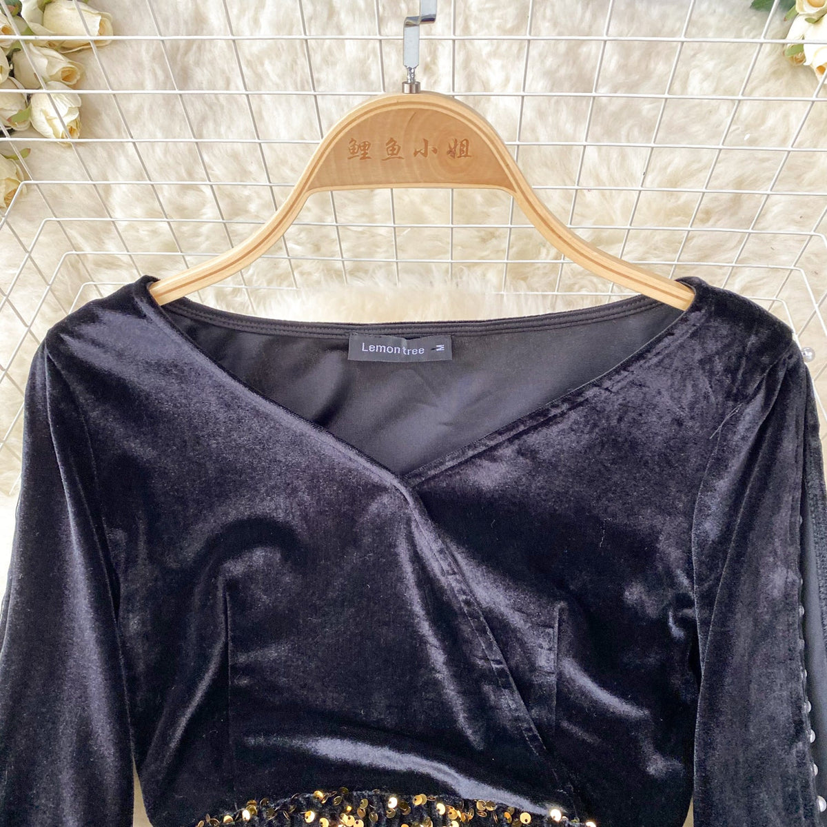 Elegant Sequin Patchwork Velvet Dress