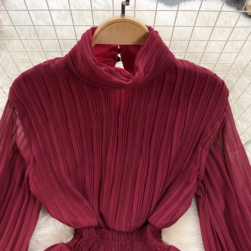 Premium Flared Sleeves Pleated Chiffon Dress