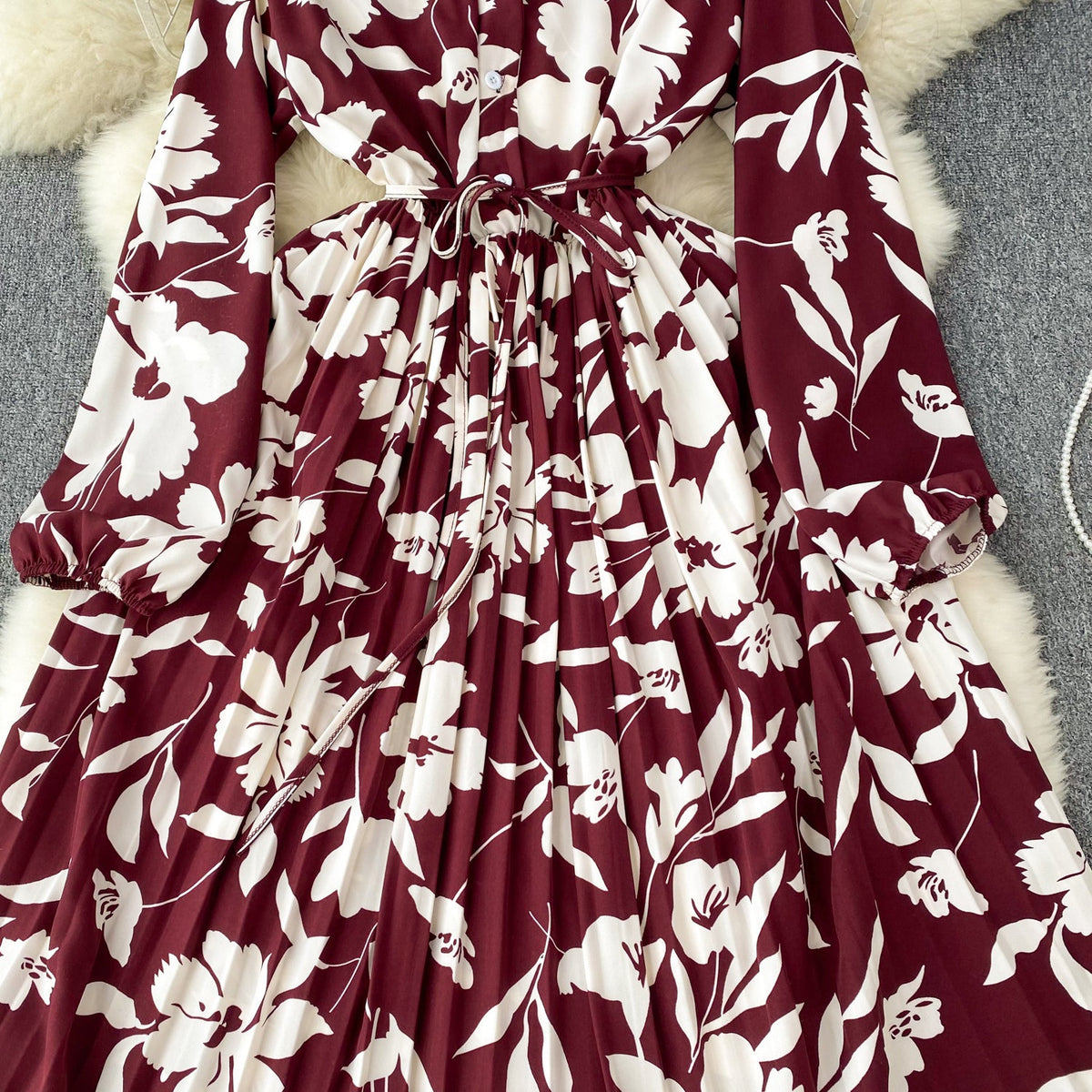 French Style Pleated Printed Dress