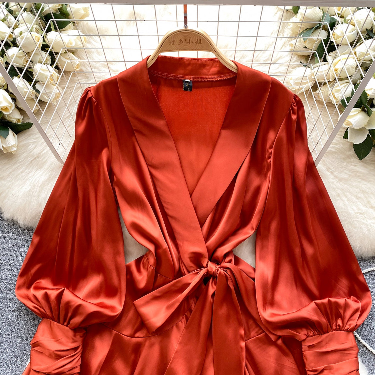 French Style V-neck Satin Wrap Dress