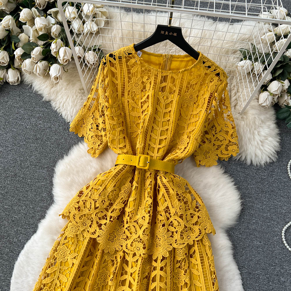 Hollowed Crochet Lace Solid Dress