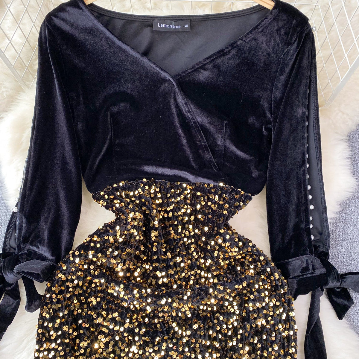 Elegant Sequin Patchwork Velvet Dress