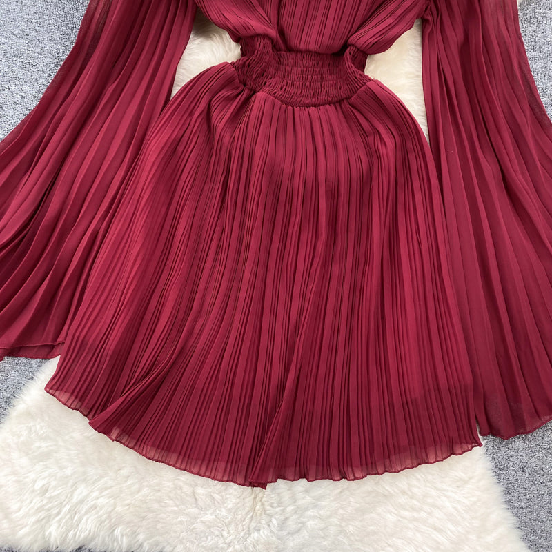 Premium Flared Sleeves Pleated Chiffon Dress