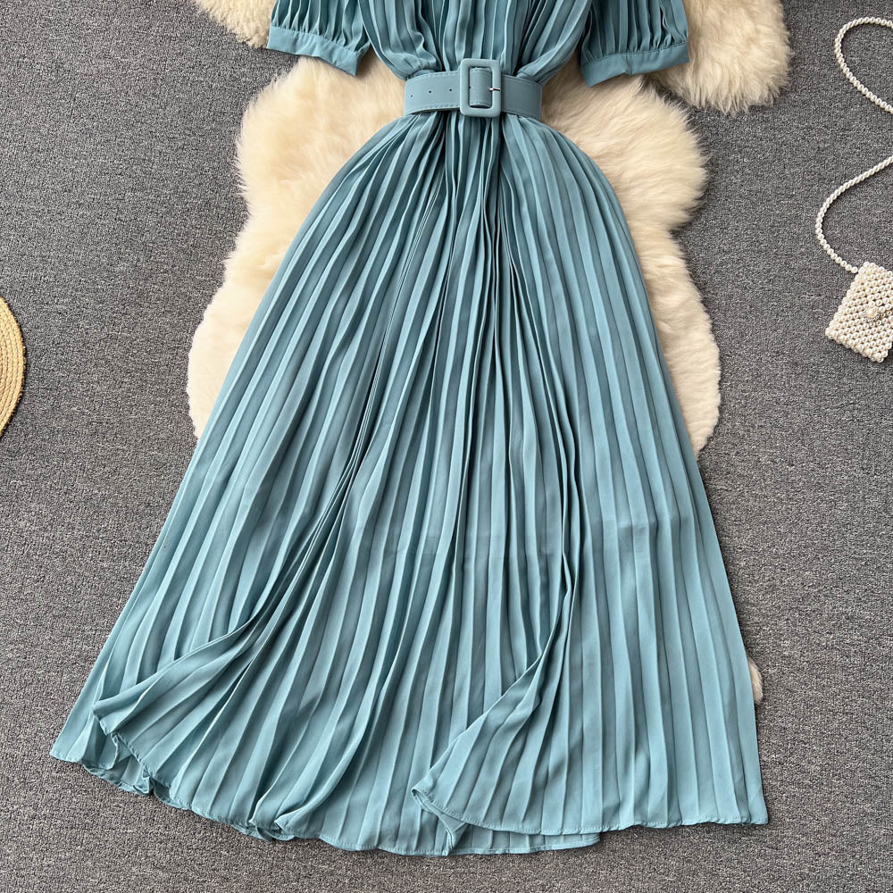High Waist Tied Chiffon Pleated Dress