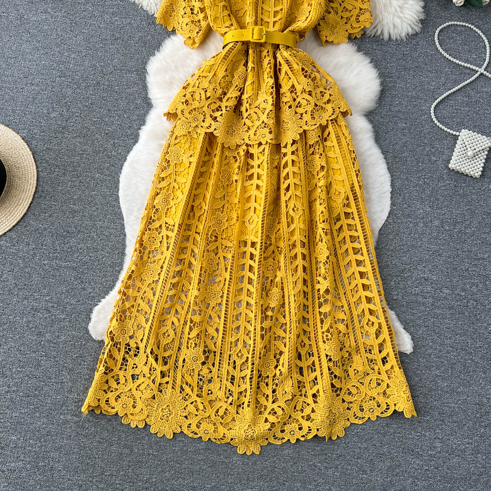 Hollowed Crochet Lace Solid Dress