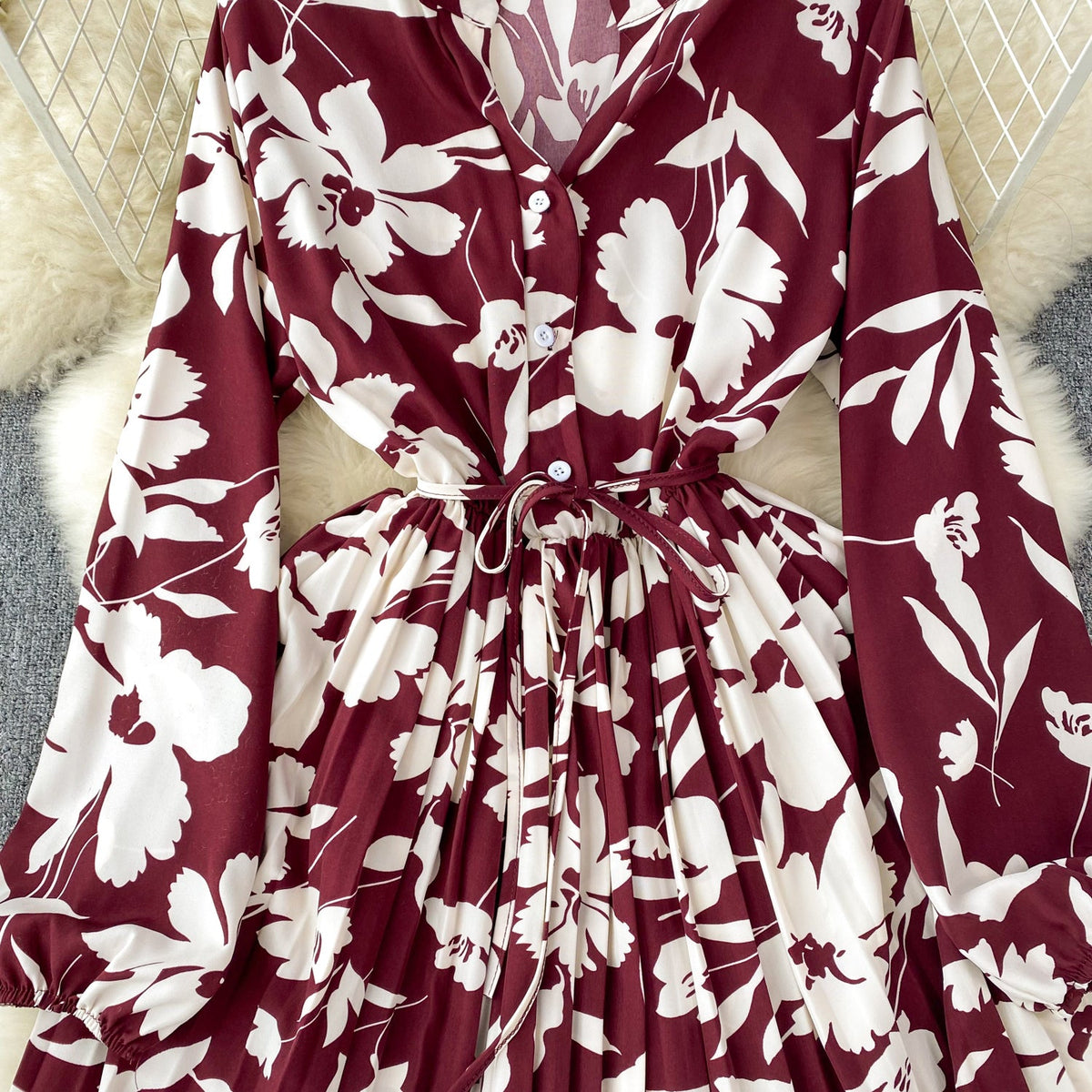 French Style Pleated Printed Dress