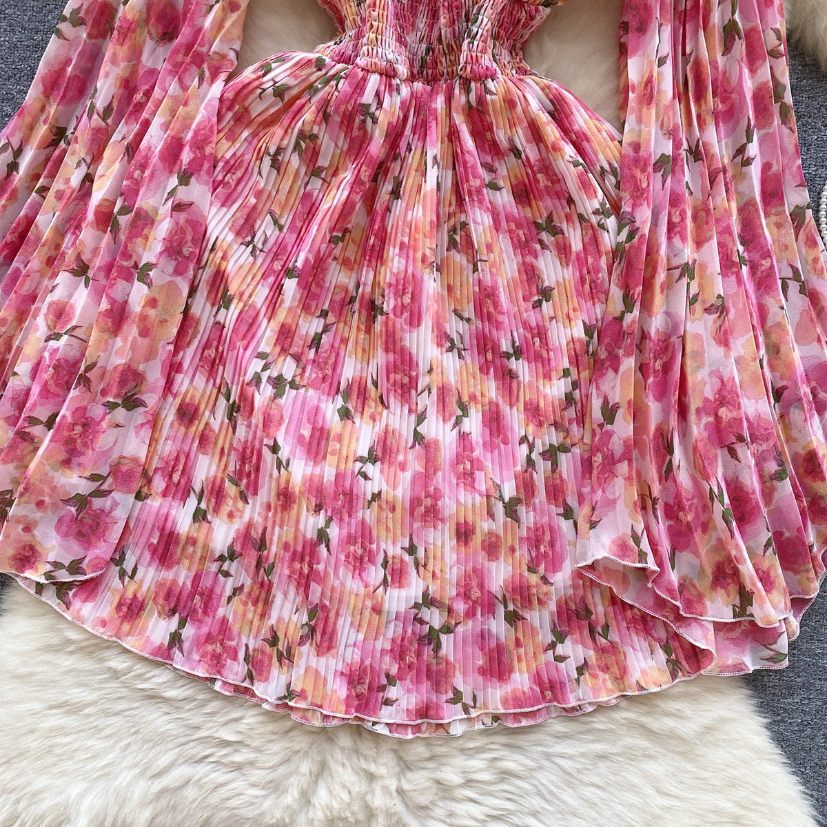 Flared Sleeve Floral Chiffon Dress
