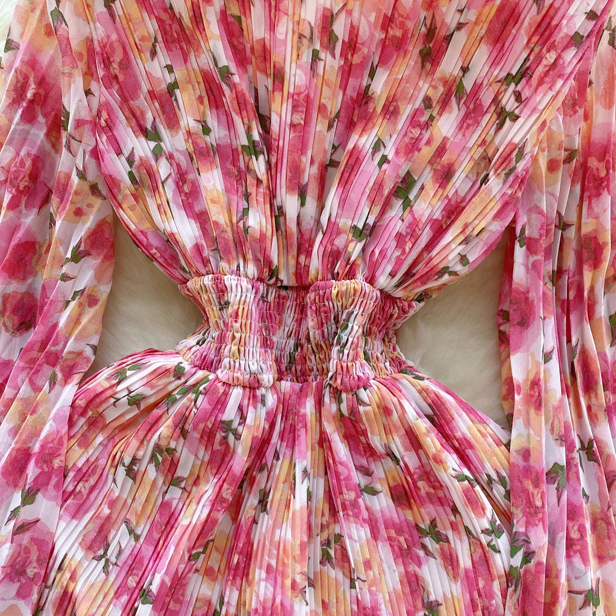 Flared Sleeve Floral Chiffon Dress