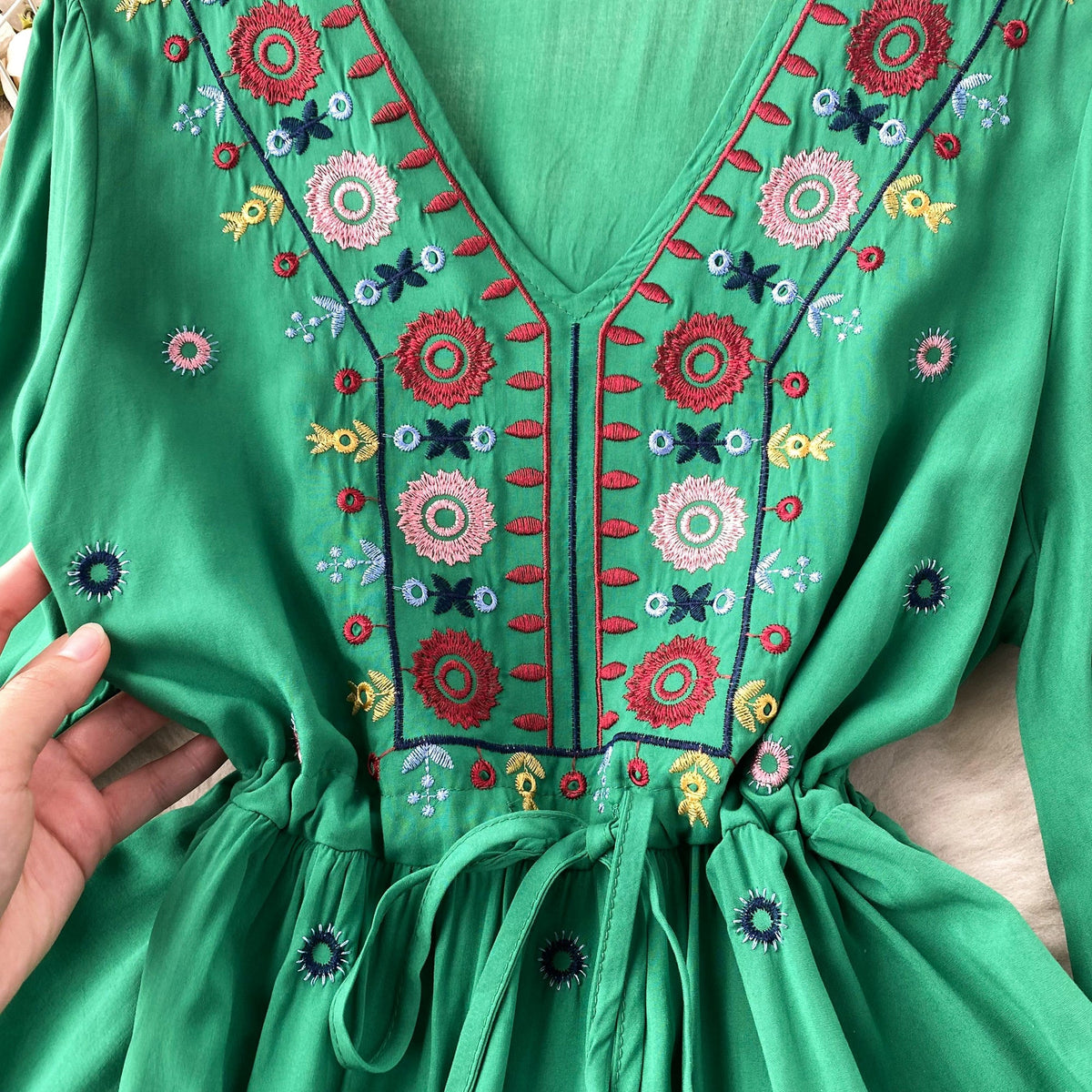 Bohemian Embroidered Drawstring Floral Dress