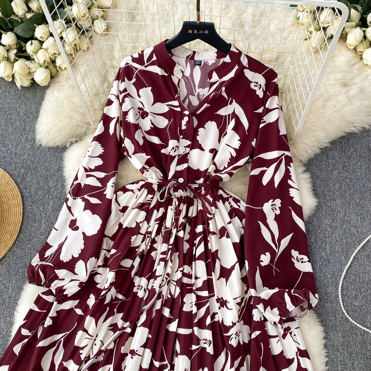French Style Pleated Printed Dress