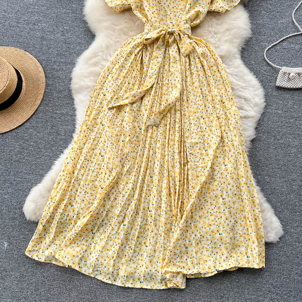 Fairy Pleated Lace-up Floral Dress