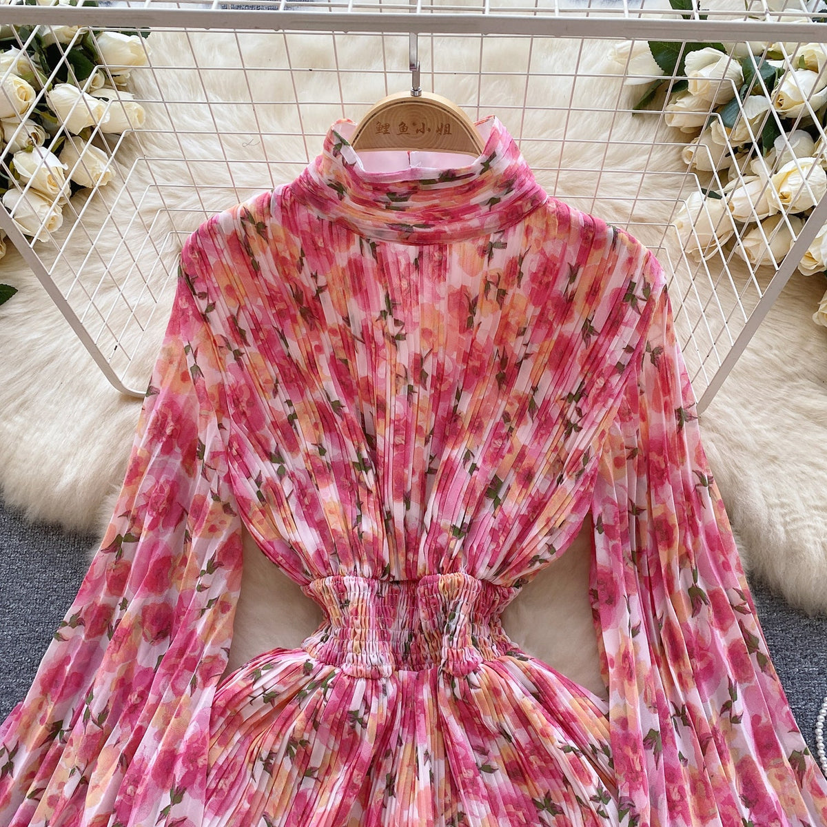 Flared Sleeve Floral Chiffon Dress