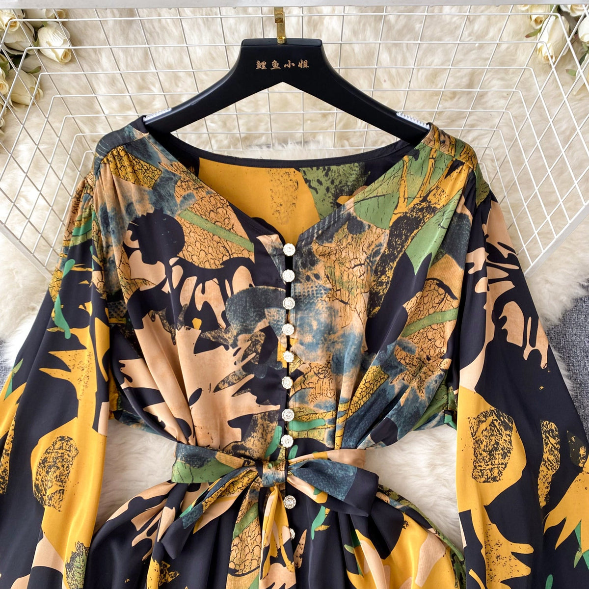 Elegant Lace-up Draped Printed Dress