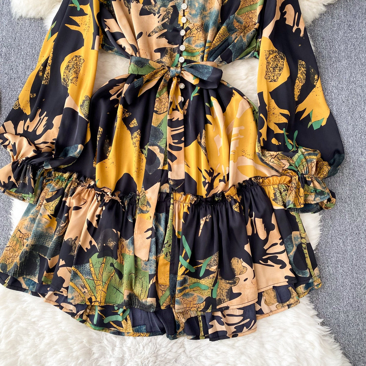 Elegant Lace-up Draped Printed Dress