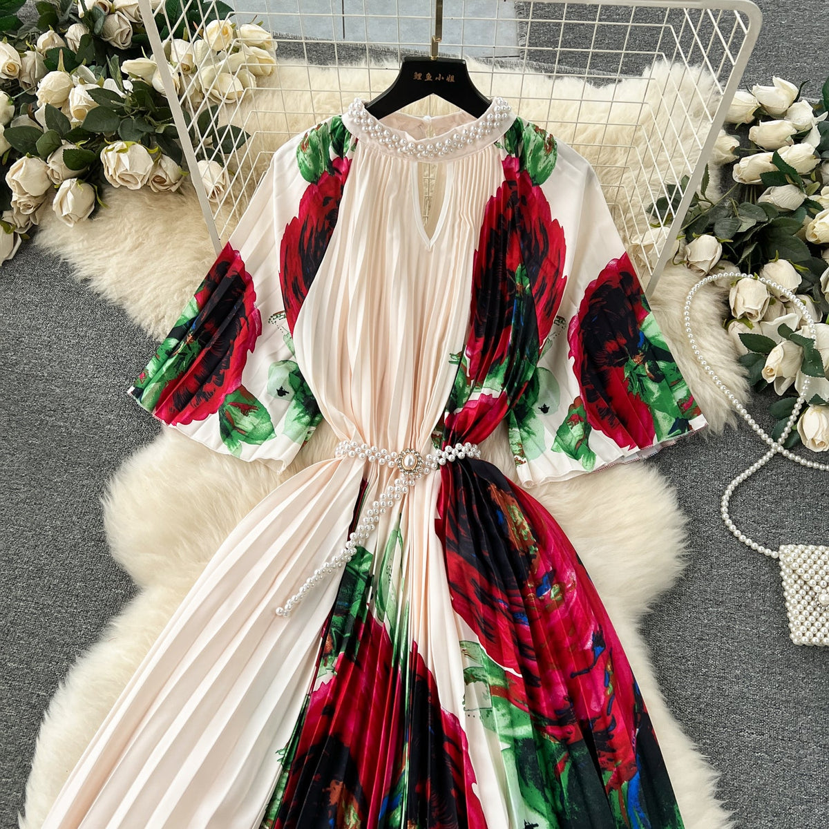 Elegant Beaded Floral Printed Dress