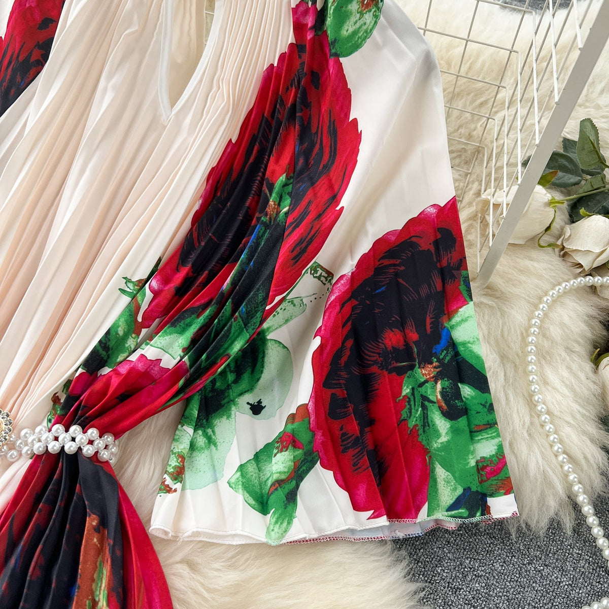 Elegant Beaded Floral Printed Dress