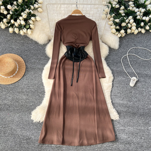 Niche Knitted Dress with PU Waistband