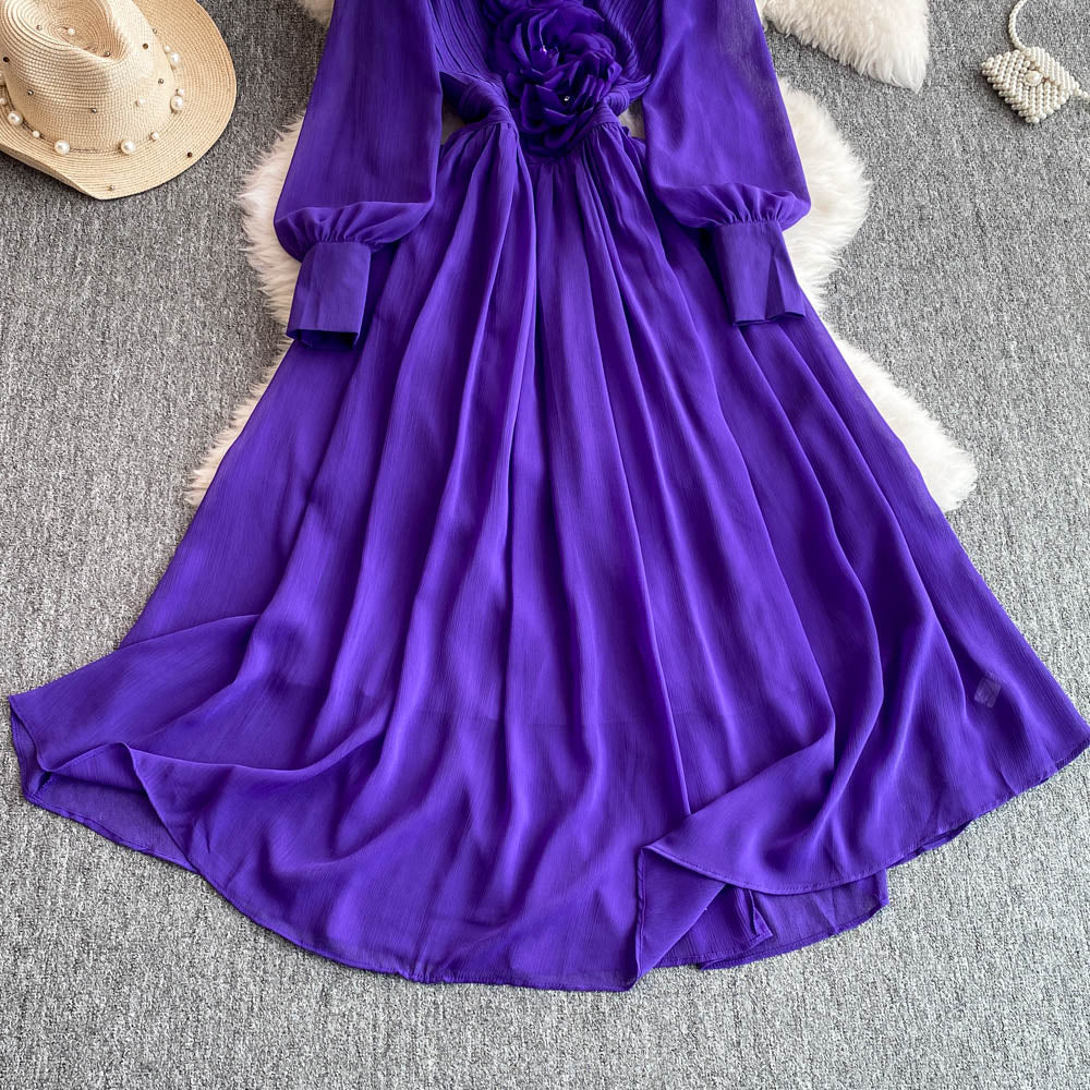 V-neck 3d Floral Chiffon Dress