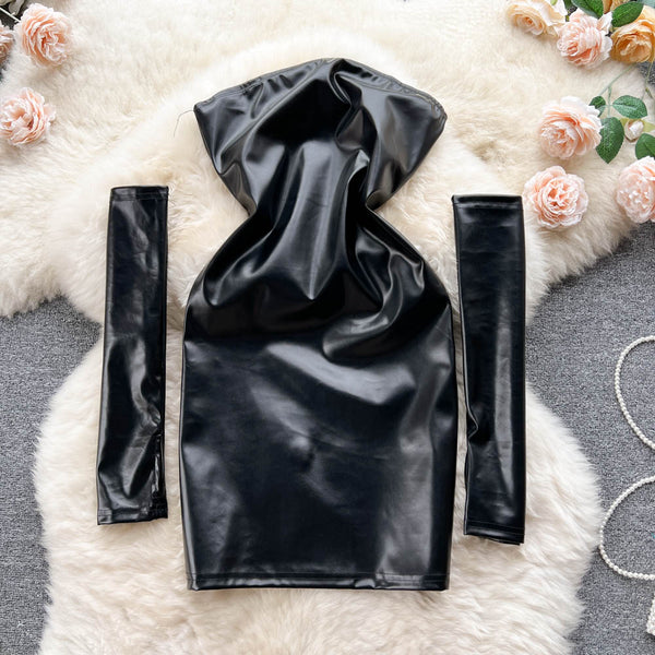 Off-shoulder PU Dress with Outer Sleeve