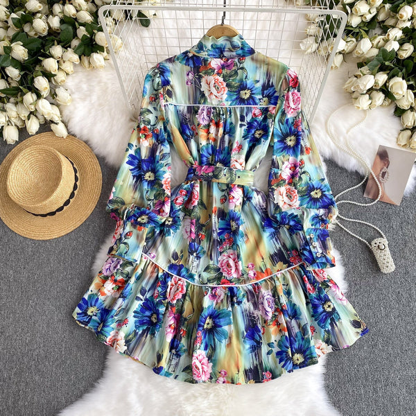 Vintage Lace-up Colorful Floral Shirt Dress