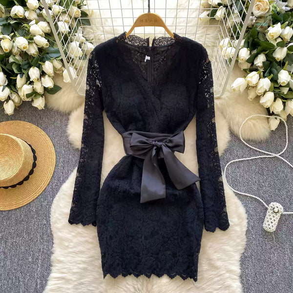 V-neck Embroidered Flocked Lace Dress