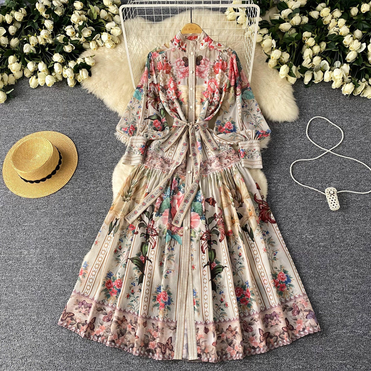 Courtly Lace-up Floral Shirt Dress
