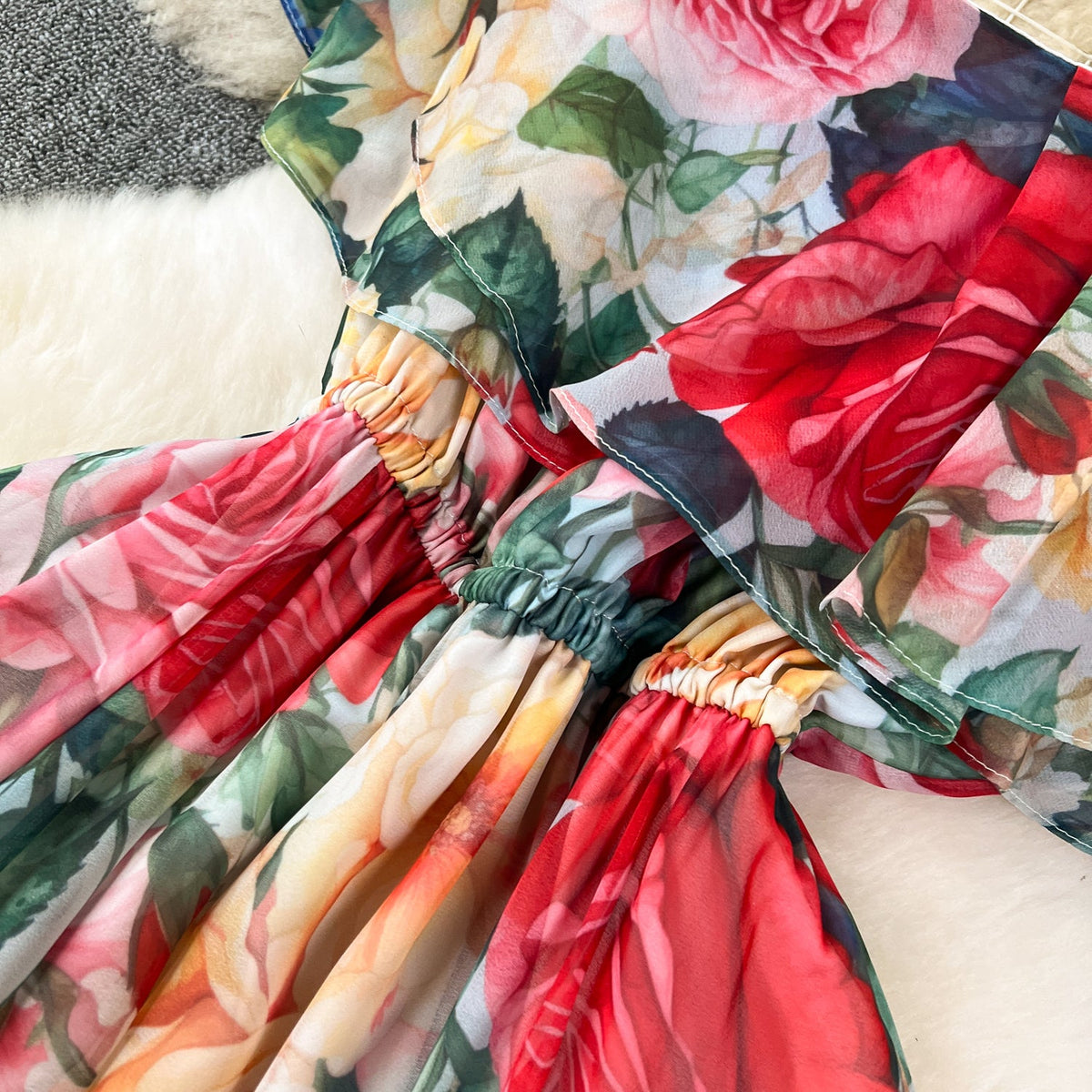 Fairy Ruffled Neckline Floral Dress