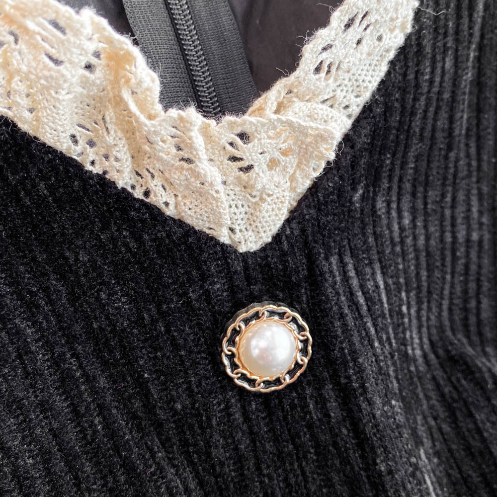 V-neck Lace Trim Black Curduroy Dress