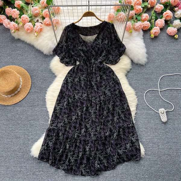 French Style V-neck Floral Chiffon Dress