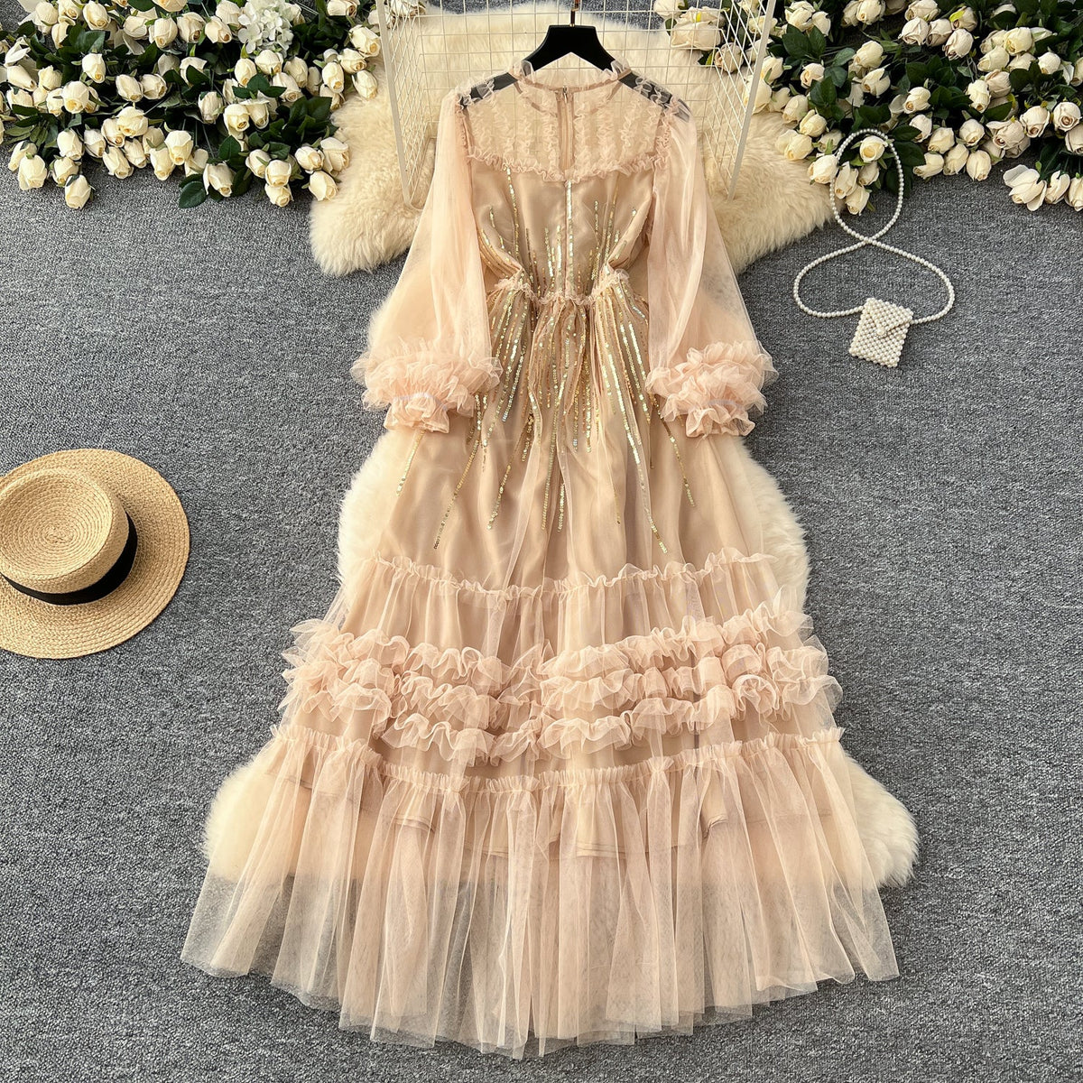 Embroidered 3D Ruffled Mesh Dress