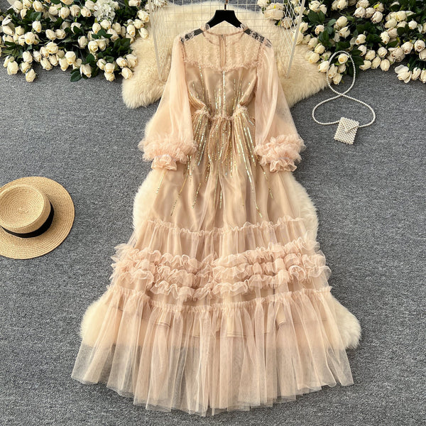Embroidered 3D Ruffled Mesh Dress