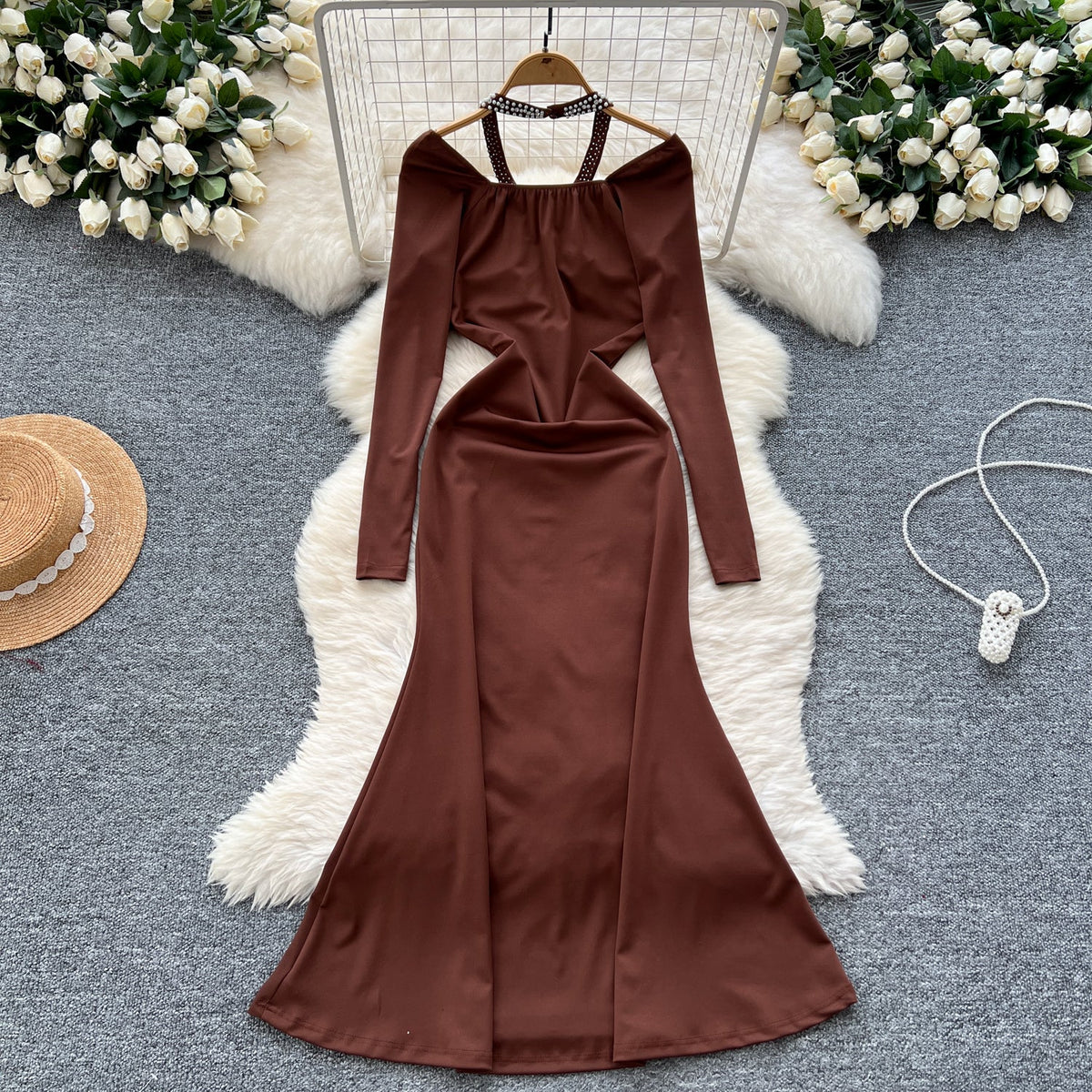 Beaded Cross Halter Party Dress