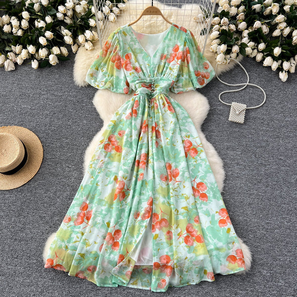 Vintage V-neck Draped Floral Dress