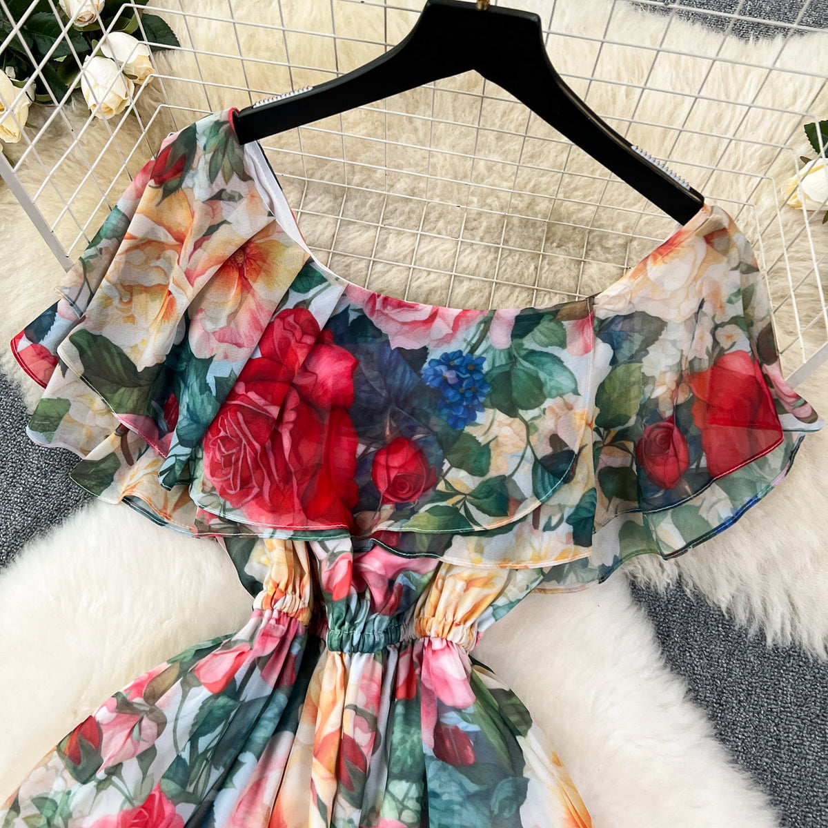 Fairy Ruffled Neckline Floral Dress