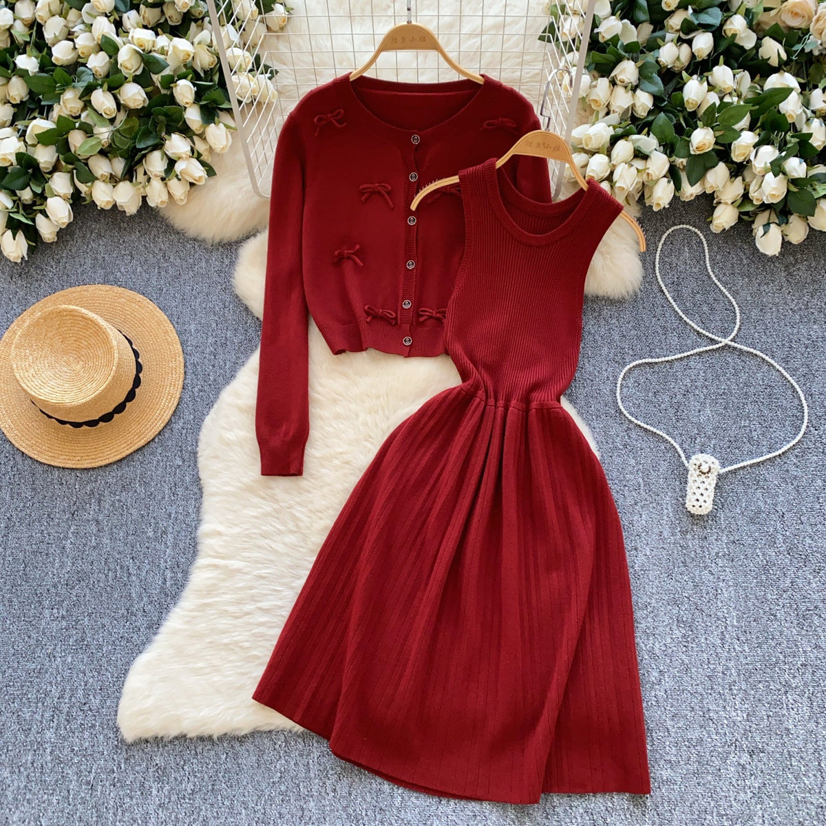 Bow Cardigan & Vest Dress Knit 2Pcs
