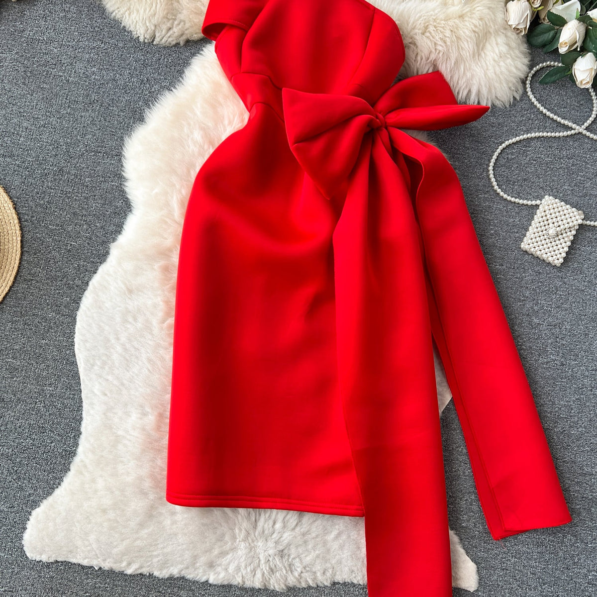 Slant Neckline Large Bow Dress