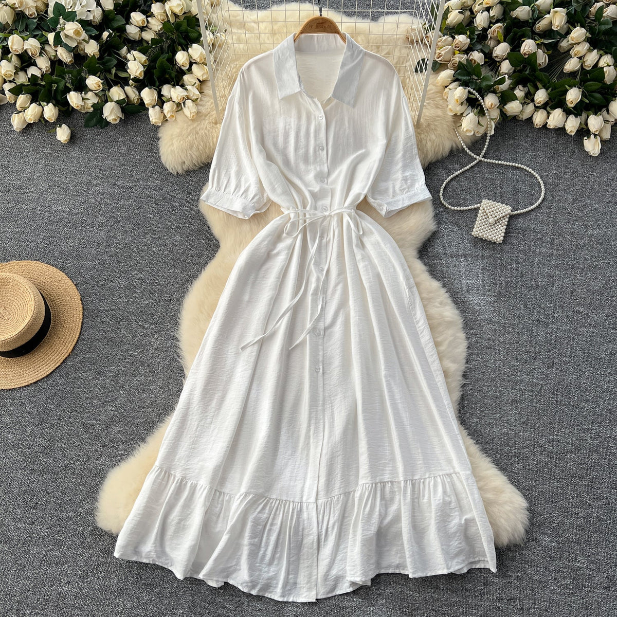 Vintage Solid Color Ruffled Shirt Dress