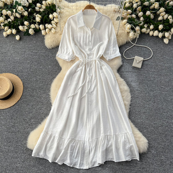 Vintage Solid Color Ruffled Shirt Dress